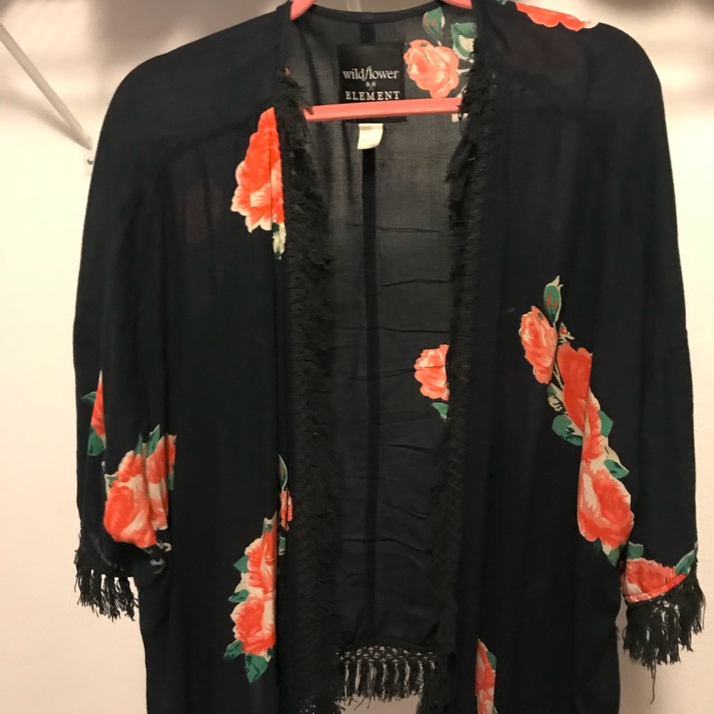 Black fringe and floral kimono